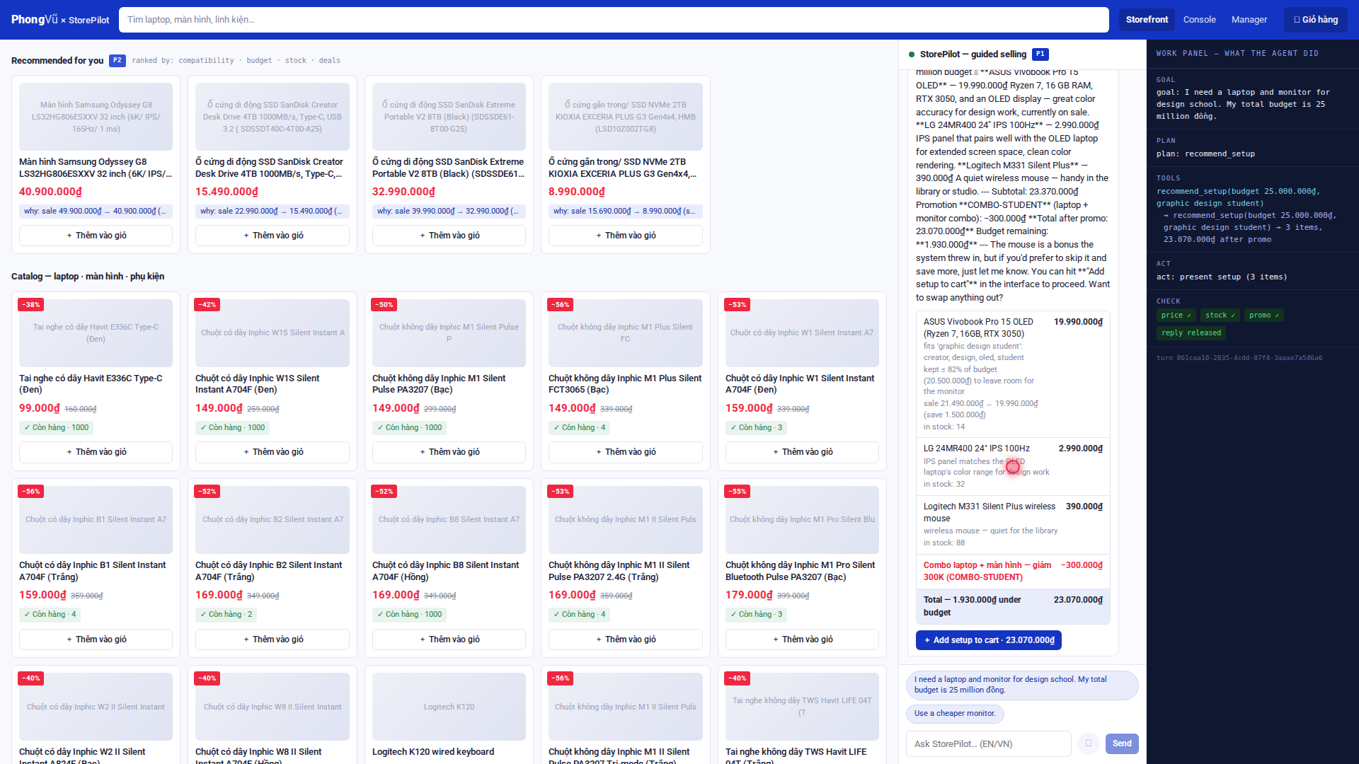StorePilot — the shopper chat, the built setup, and the agent's work panel with green fact-checks